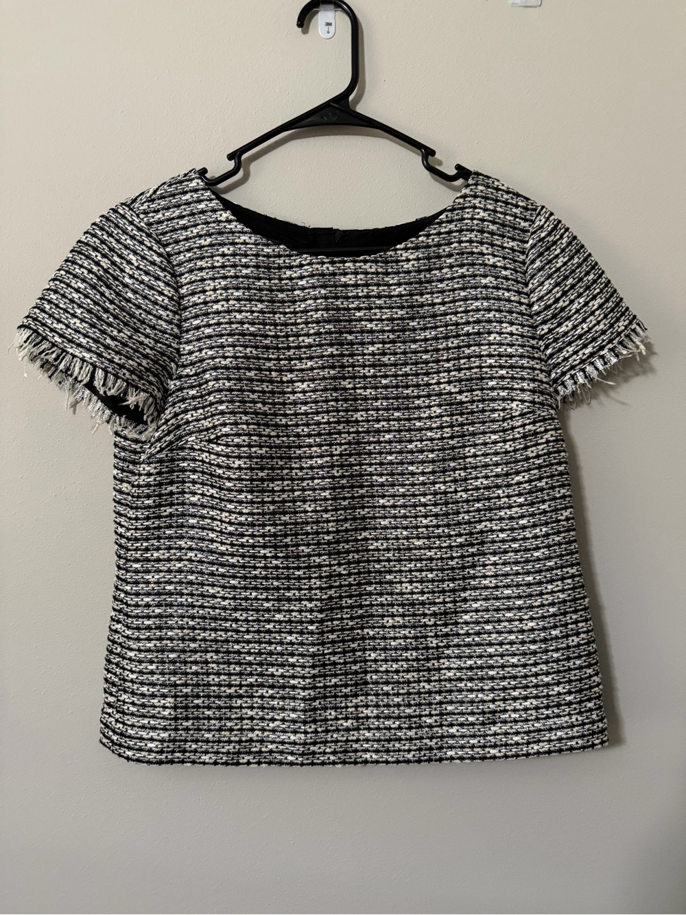 Talbots Black White Tweed Fringe Sleeve  Top Short Sleeve Blouse Size 8P